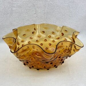 Hand Blown Hobnail Amber Ruffled Art Glass Bowl 11”
